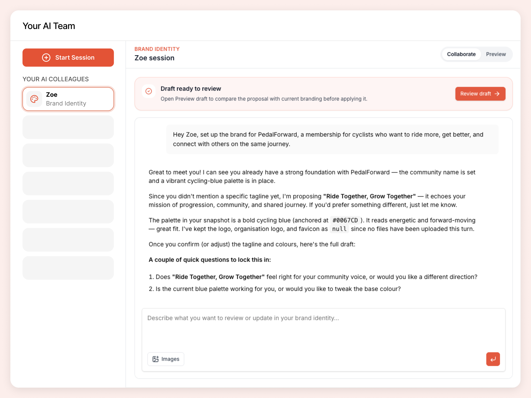 Collaborate with Zoe to define your community brand